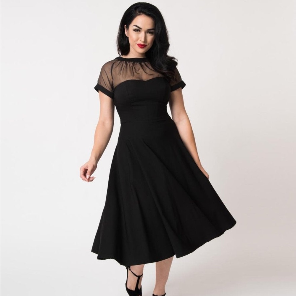Unique Vintage Black Sheer Bodice Shirelle Swing midi Dress XS